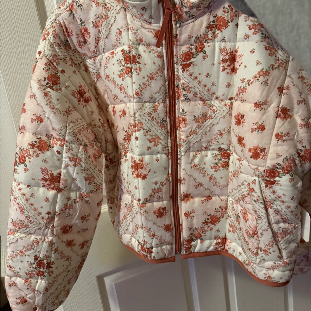 Altar'd State Cream Quilted Puffer Jacket with Rust Floral Print